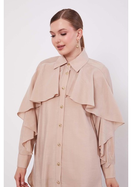 Bej Volan Detay Düğmeli Gömlek fırsatları