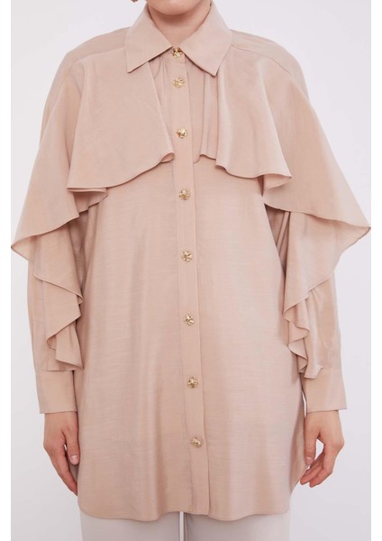 Bej Volan Detay Düğmeli Gömlek indirimleri