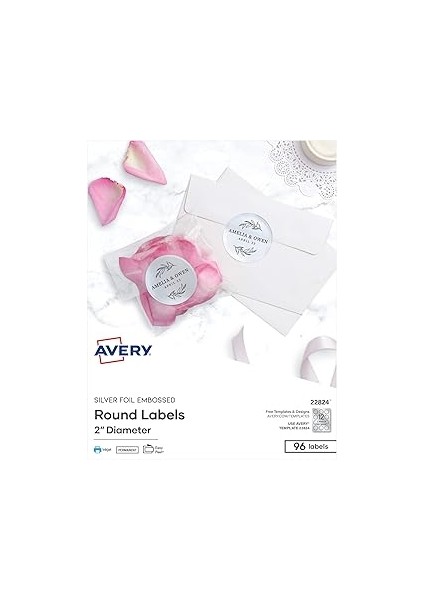 Avery Yazdırılabilir Kabartmalı Folyo Yuvarlak Etiketler, 2 "çap, Gümüş, 96 Özelleştirilebilir Etik