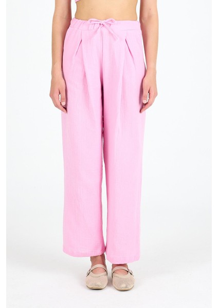 Kadın Yüksek Bel Keten Kumaş Pantolon Pembe modelleri
