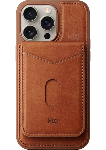 HBC-246 Ottawa Magnet iPhone 15 Pro Magsafe Kartvizitlikli ve Standlı Deri Kılıf - Kahverengi