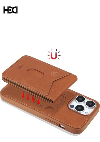 HBC-246 Ottawa Magnet iPhone 15 Pro Magsafe Kartvizitlikli ve Standlı Deri Kılıf - Kahverengi indirimleri