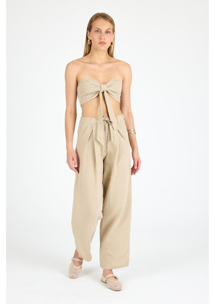 Kadın Yüksek Bel Keten Kumaş Pantolon Bej