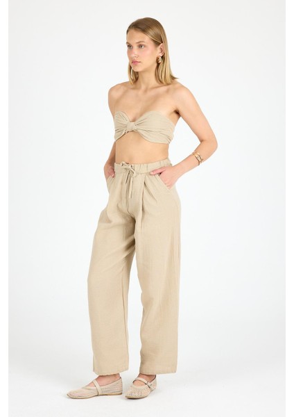 Kadın Yüksek Bel Keten Kumaş Pantolon Bej fiyatları