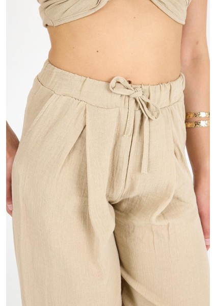 Kadın Yüksek Bel Keten Kumaş Pantolon Bej modelleri