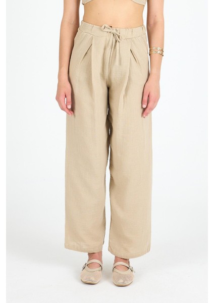 Kadın Yüksek Bel Keten Kumaş Pantolon Bej fırsatları
