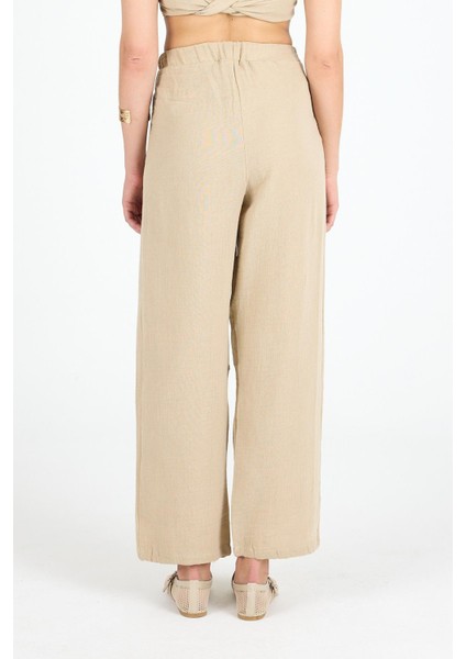 Kadın Yüksek Bel Keten Kumaş Pantolon Bej indirimleri