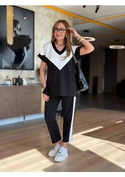 Kadın Kısa Kollu V Yaka Siyah Beyaz Renkli Viskon Iki Iplik Kumaş Eşofman Takımı