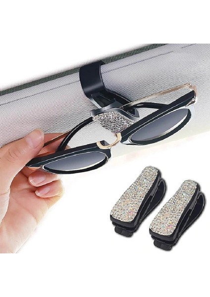 Araç Içi Gözlük ve Kart Tutucu 2 Adet Kristal Taşlı Işıltılı Klipsli Güneşlik Organizer