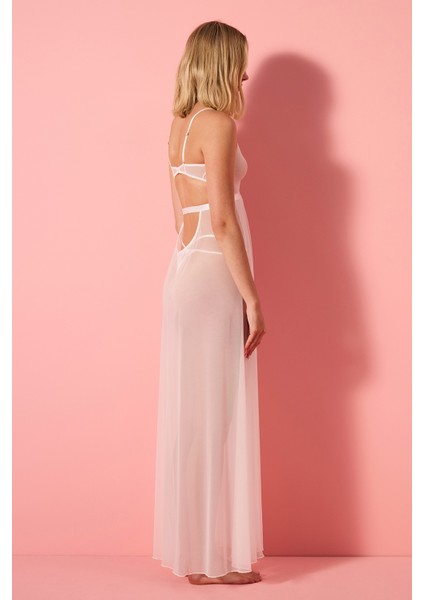 Long Tulle Tül Kırık Beyaz Elbise