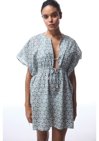 Yeşil Spring V Yaka Mini Kaftan