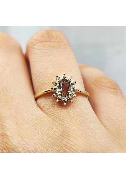 1,05CT Zultanit 0,30CT Pırlanta(Signty) Taşlı Anturajlı Vintage Tasarım Modern 925 Ayar Gümüş Yüzük