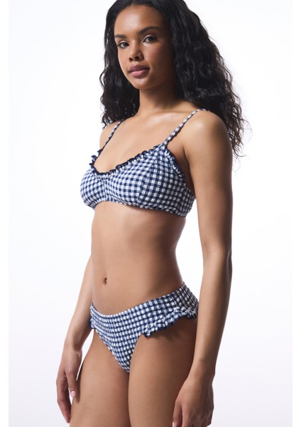 Texas Navy Pötikare Fırfırlı Halter Yaka Bikini Üstü