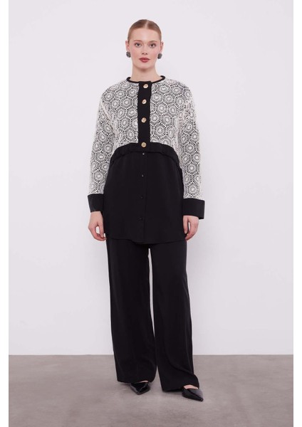 Siyah-Bej Dantel Detaylı Üçlü Tunik Takım