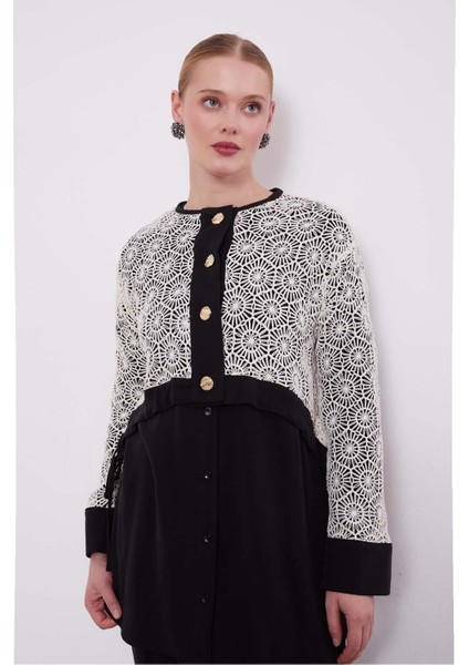 Siyah-Bej Dantel Detaylı Üçlü Tunik Takım modelleri