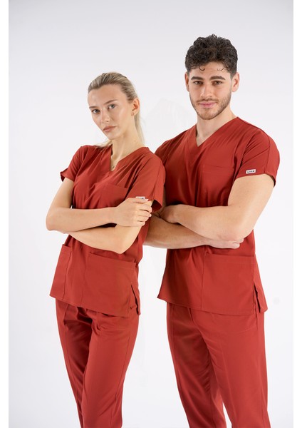 Kiremit Dr. Greys Modeli Likralı Hemşire Forması Yarasa Kol Doktor Scrubs Hastane Takımı