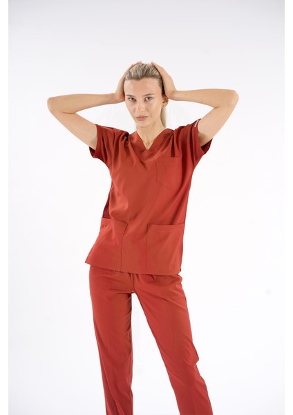 Kiremit Dr. Greys Modeli Likralı Hemşire Forması Yarasa Kol Doktor Scrubs Hastane Takımı