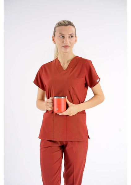 Kiremit Dr. Greys Modeli Likralı Hemşire Forması Yarasa Kol Doktor Scrubs Hastane Takımı