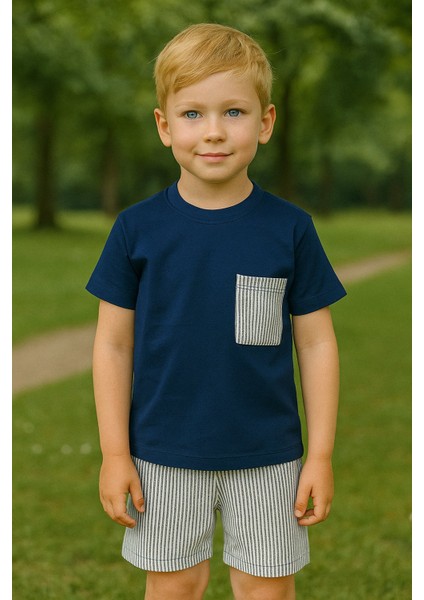 Erkek Çocuk Takım I Çocuk Yazlık Takım I Tişört ve Çizgili Şort Kombini Cep Detayı I Çocuk Giyim