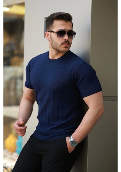 Erkek Kısa Kollu Bisiklet Yaka Çizgili Triko Tişört