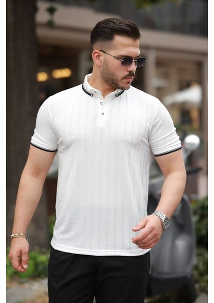 Erkek Düğme Yakalı Jakar Kumaş Kısa Kollu Tişört