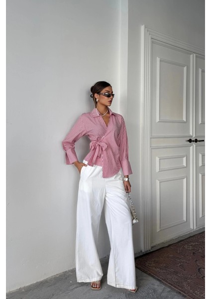 Çizgili Poplin Kruvaze Bağlamalı Gömlek - Kırmızı