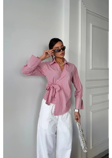 Çizgili Poplin Kruvaze Bağlamalı Gömlek - Kırmızı modelleri