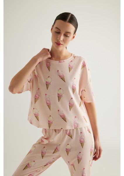 Kadın Pamuklu Kısa Kollu Pijama Üstü