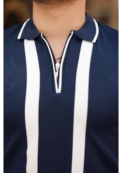 Erkek Fermuar Yakalı Şerit Detaylı Kısa Kollu Tişört modelleri