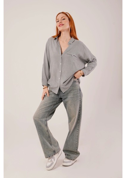 Cep Detay Çizgili Oversize Gri Gömlek fiyatları