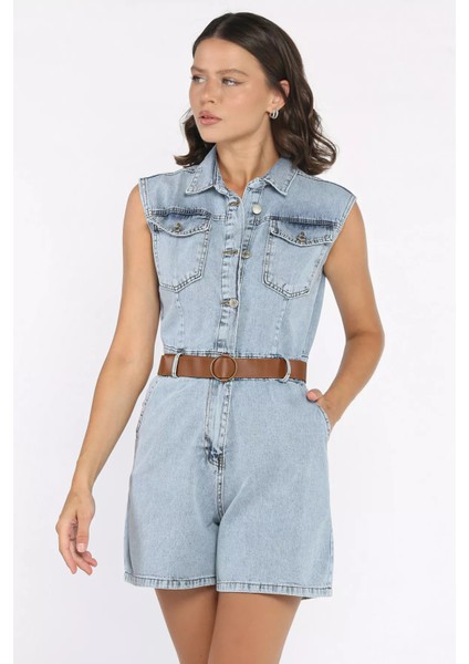 Kadın Kemerli Sıfır Kol Jean Kot Tulum P-00017853