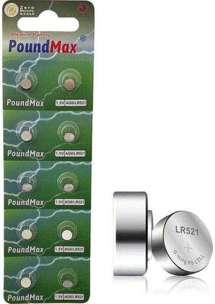 Ag0 (LR521, LR63, 379) 1.5V - Poundmax Alkalin Düğme Piller | 1x 10'lu Paket