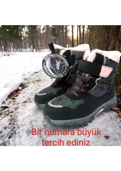 Içi Kürklü Hafif Taban Cırtlı Watherproof Çocuk Kar Bot Siyah Pembe