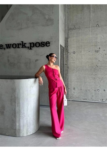 Tek Kol Yelek - Pantolon Takım Atlas - Fuşya fırsatları