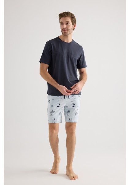 Erkek Pamuklu Kısa Kollu Şortlu Pijama Takımı