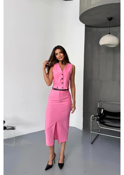 Yelek-Önden Yırtmaçlı Etek Tk Şantuk Keten - Pembe