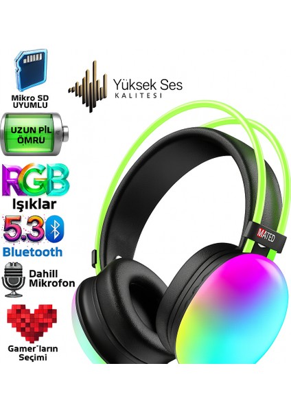 Rgb LED Işıklı Bluetooth 5.3 Oyuncu Kulaklığı – Mikro Sd, Dahili Mikrofon, Extra Bass