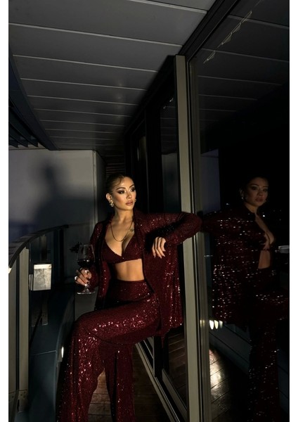 Pul Payet 3 Lü Takım - Ceket-Büstiyer-Pantolon - Bordo modelleri