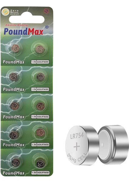 Ag5 (LR754, 393) 1,5V - Poundmax Alkalin Düğme Pil | 1x 10'lu Paket