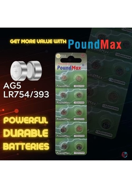 Ag5 (LR754, 393) 1,5V - Poundmax Alkalin Düğme Pil | 1x 10'lu Paket