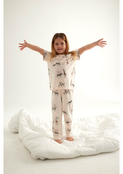 Kız Çocuk Pamuklu Kısa Kollu Uzun Pijama Takımı