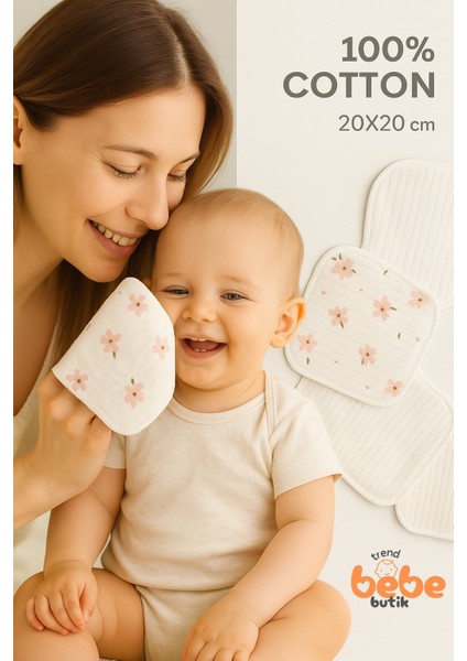 7’li Bebek Mendili Seti PAMUK Yumuşak Ribana Doku Çiçek Desenli ve Düz Model Ağız Silme Mendili