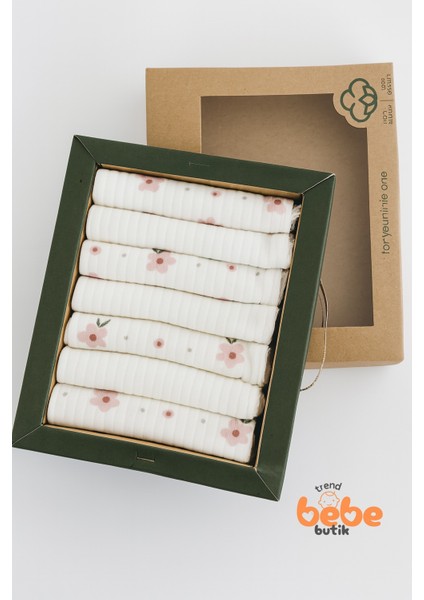 7’li Bebek Mendili Seti PAMUK Yumuşak Ribana Doku Çiçek Desenli ve Düz Model Ağız Silme Mendili modelleri