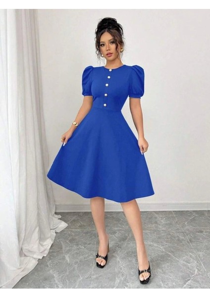 Kadın Kısa Kollu Bisiklet Yaka Önden Düğmeli Ithal Krep Elbise modelleri