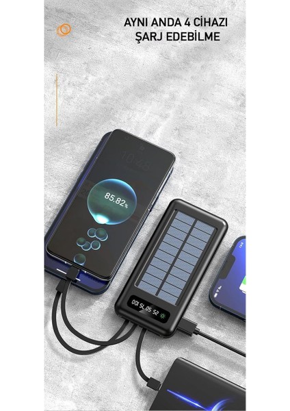 PW-59 10.000mAh Solar, LED Fenerli LCD Göstergeli Dahili Kablolu Powerbank