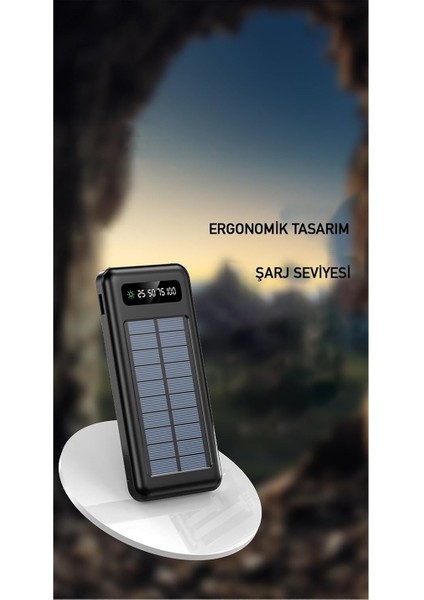 PW-59 10.000mAh Solar, LED Fenerli LCD Göstergeli Dahili Kablolu Powerbank
