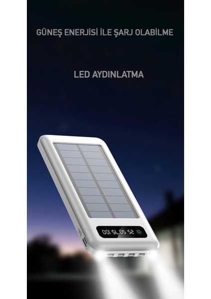 PW-59 10.000mAh Solar, LED Fenerli LCD Göstergeli Dahili Kablolu Powerbank