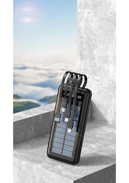 PW-59 10.000mAh Solar, LED Fenerli LCD Göstergeli Dahili Kablolu Powerbank