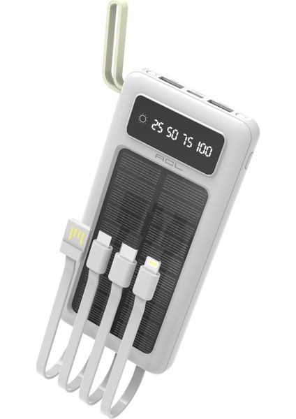 PW-59 10.000mAh Solar, LED Fenerli LCD Göstergeli Dahili Kablolu Powerbank