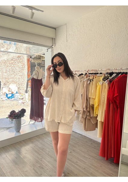 Keten Görünümlü Gömlek Şort Takım fiyatları